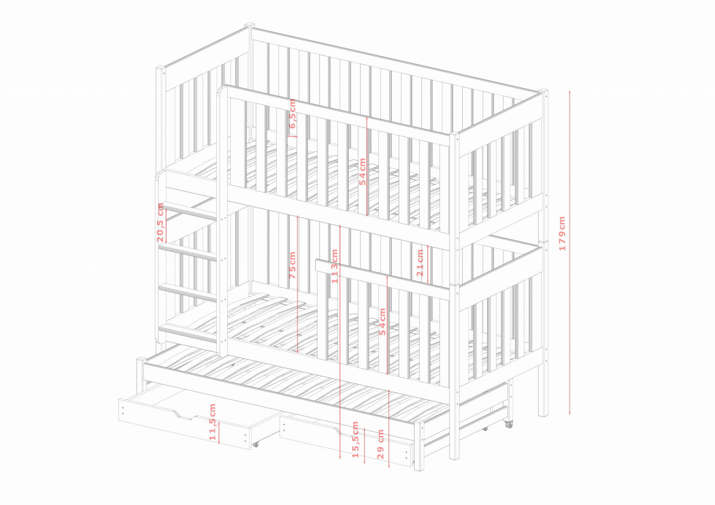 Bunk bed for 3 people ELLA 180x80 white